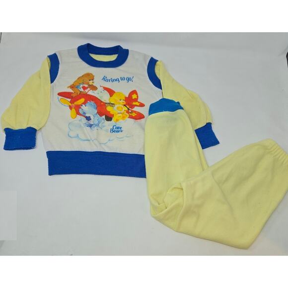 Care Bears Pajamas Set Long Sleeve Pant Size 4/5 Lightweight 1983 Yellow Blue - Picture 1 of 9